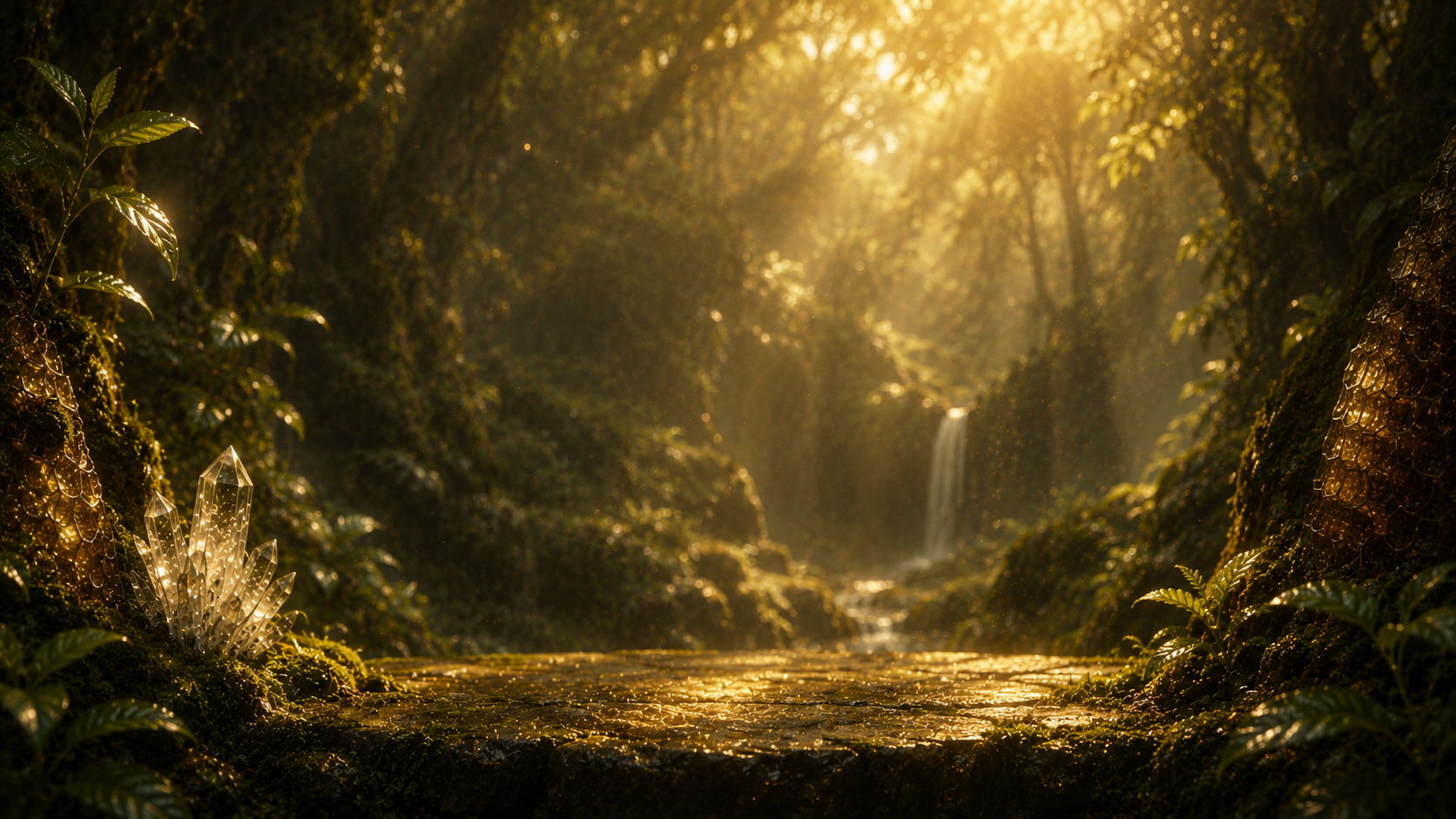 A quiet mossy forest grotto illuminated by golden light
