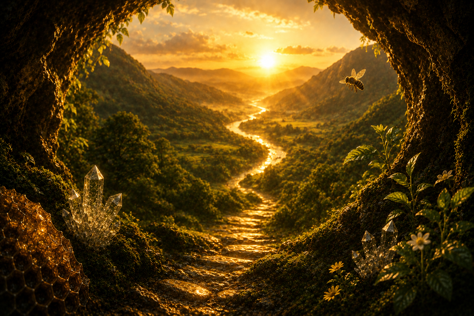 A golden path opening from a living cave toward a sunlit valley and winding river