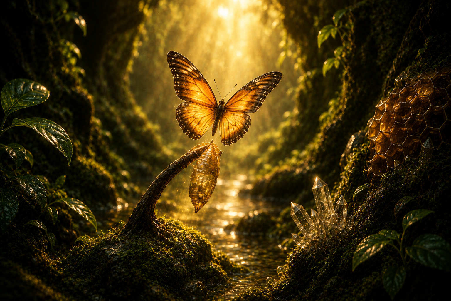 A golden butterfly emerging from its chrysalis in a luminous forest