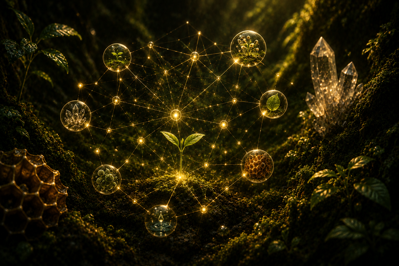 A seedling connected to a luminous network of natural forms and relationships