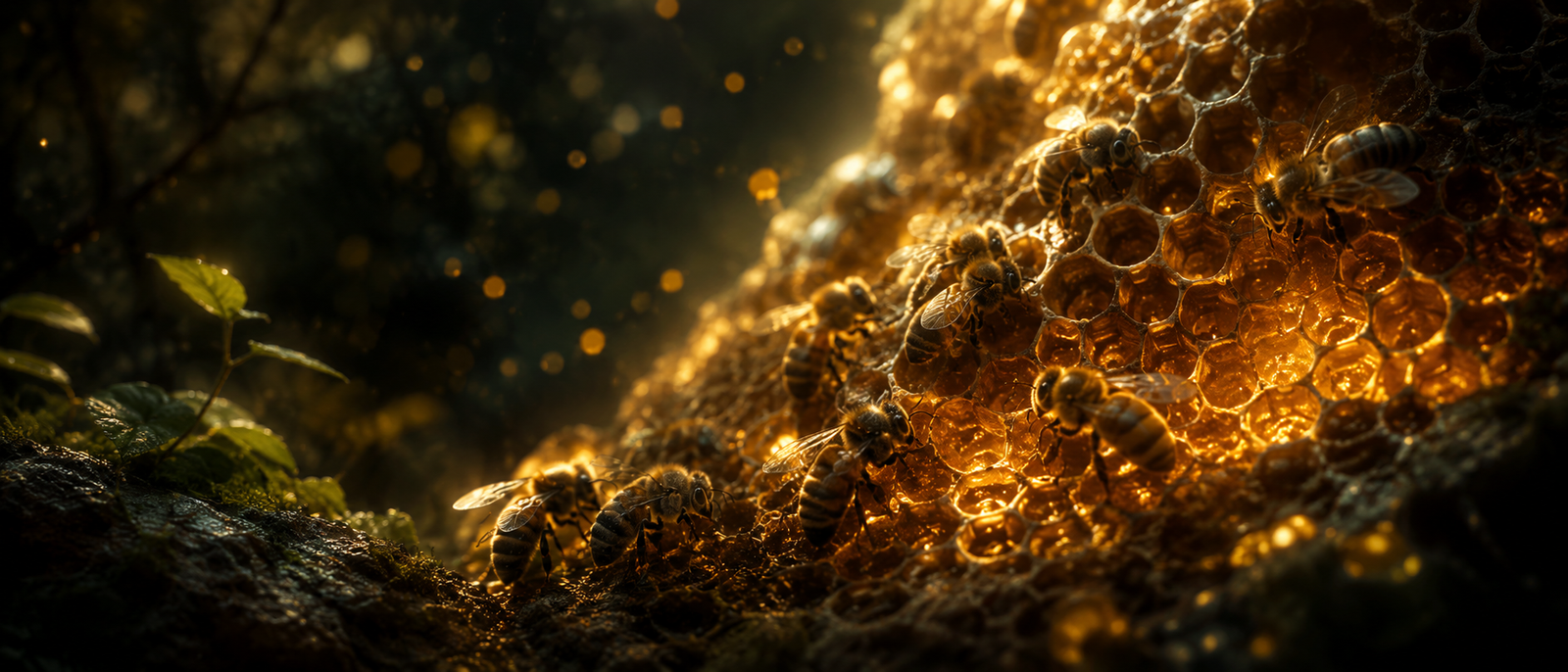 Bees surrounding a glowing honeycomb in a living natural habitat