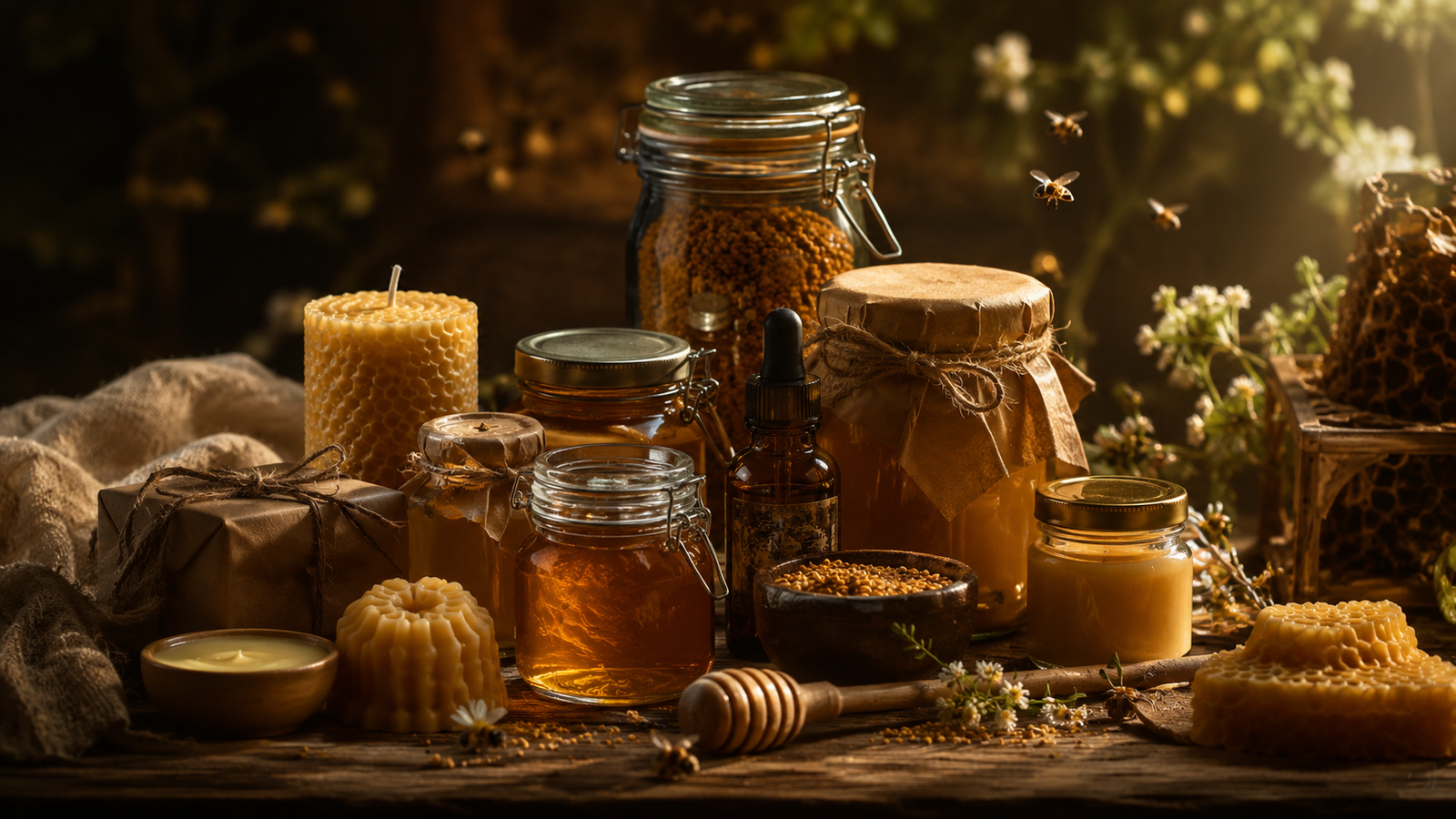 Honey, beeswax and bee products arranged in warm natural light