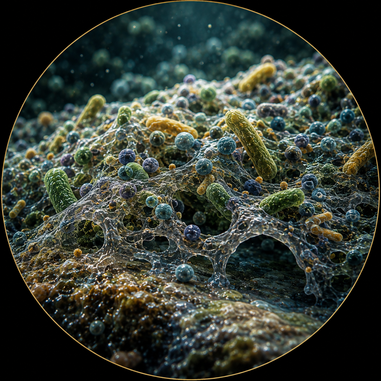 A structured microbial biofilm with diverse organisms embedded in a protective matrix