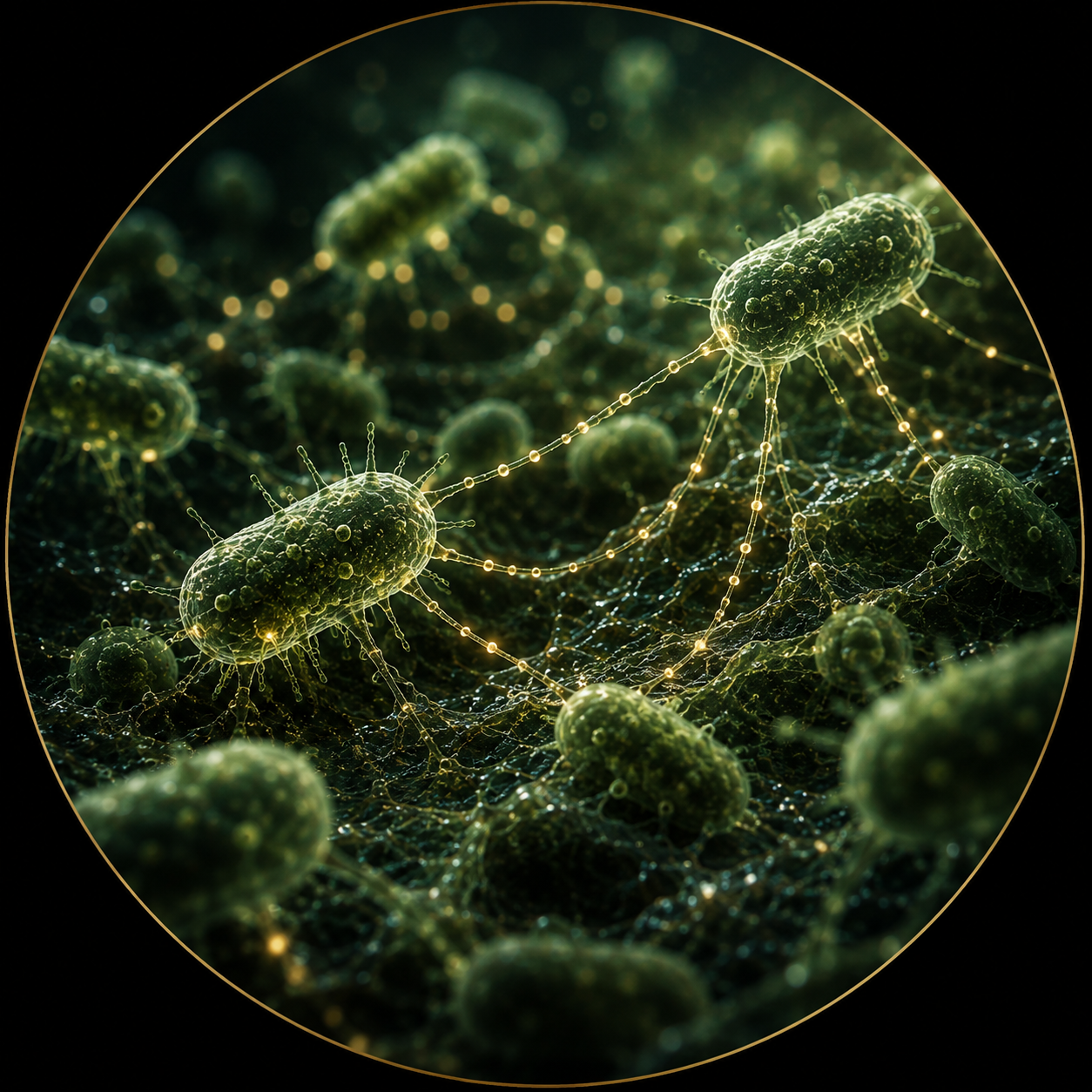Microorganisms connected by luminous signalling pathways in a microscopic community