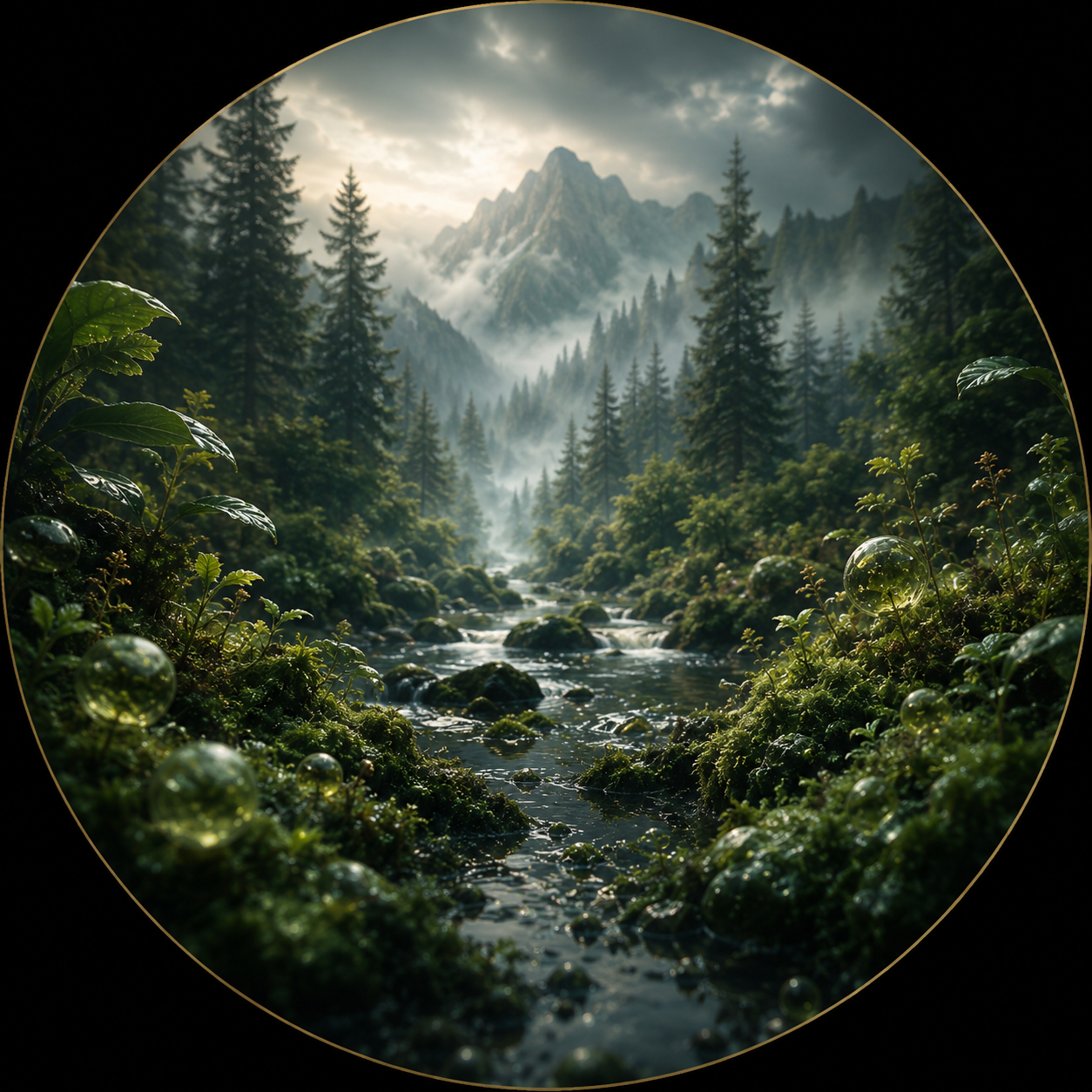 Forest, water, mountains and vegetation representing the living environment