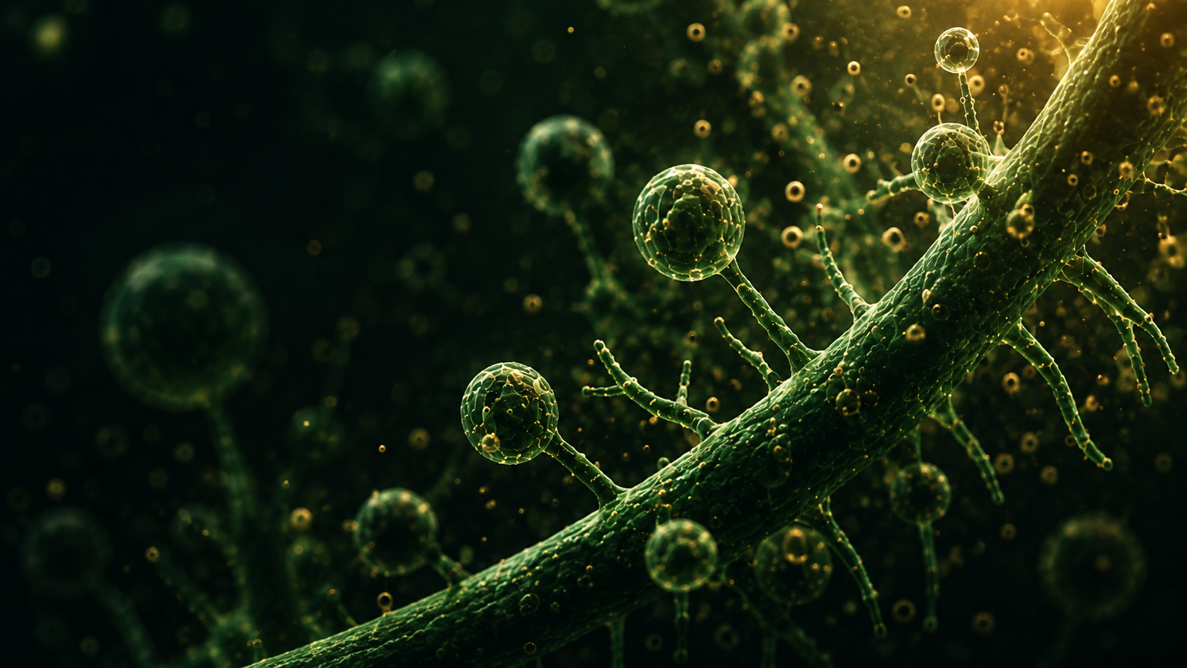 Microscopic green living network illuminated by warm golden light