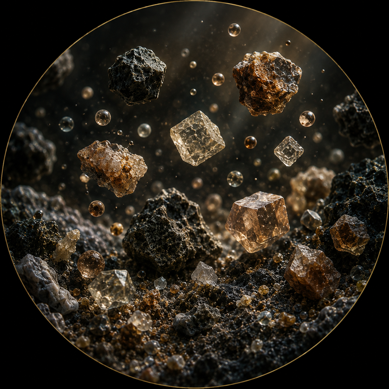 Minerals, crystals and particles representing matter within living systems