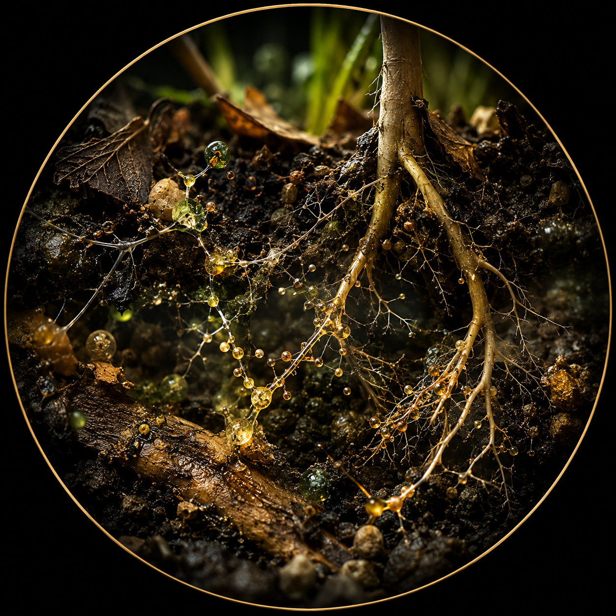 Plant roots and microbial networks exchanging nutrients in living soil