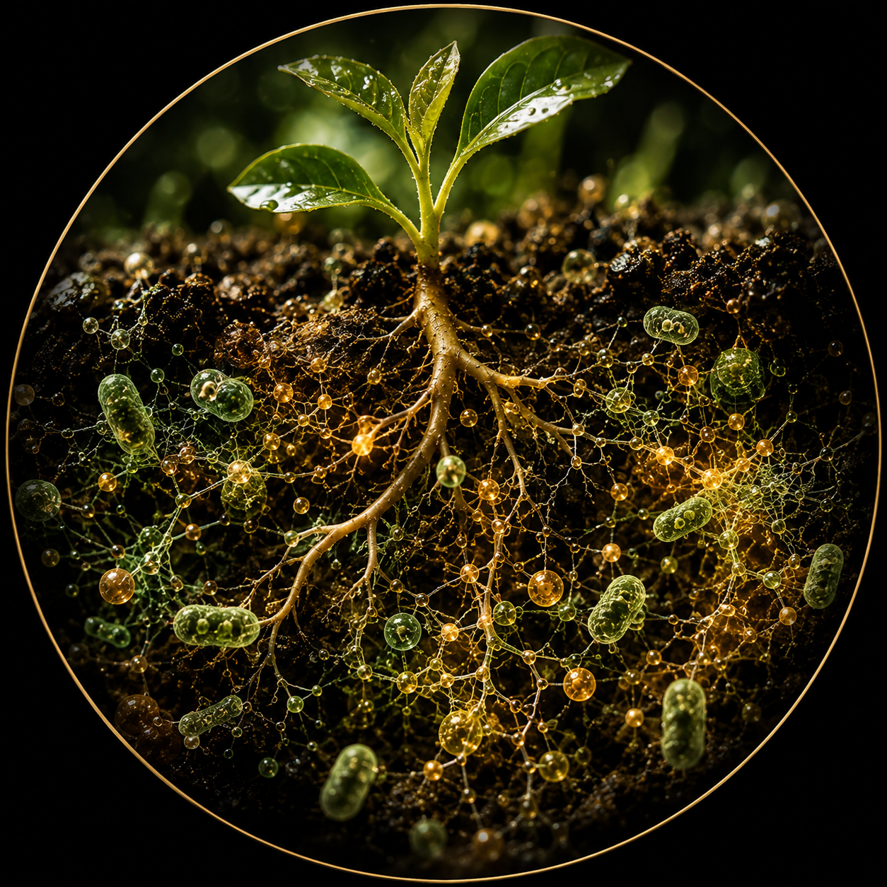 Young plant roots intertwined with a glowing underground microbial network