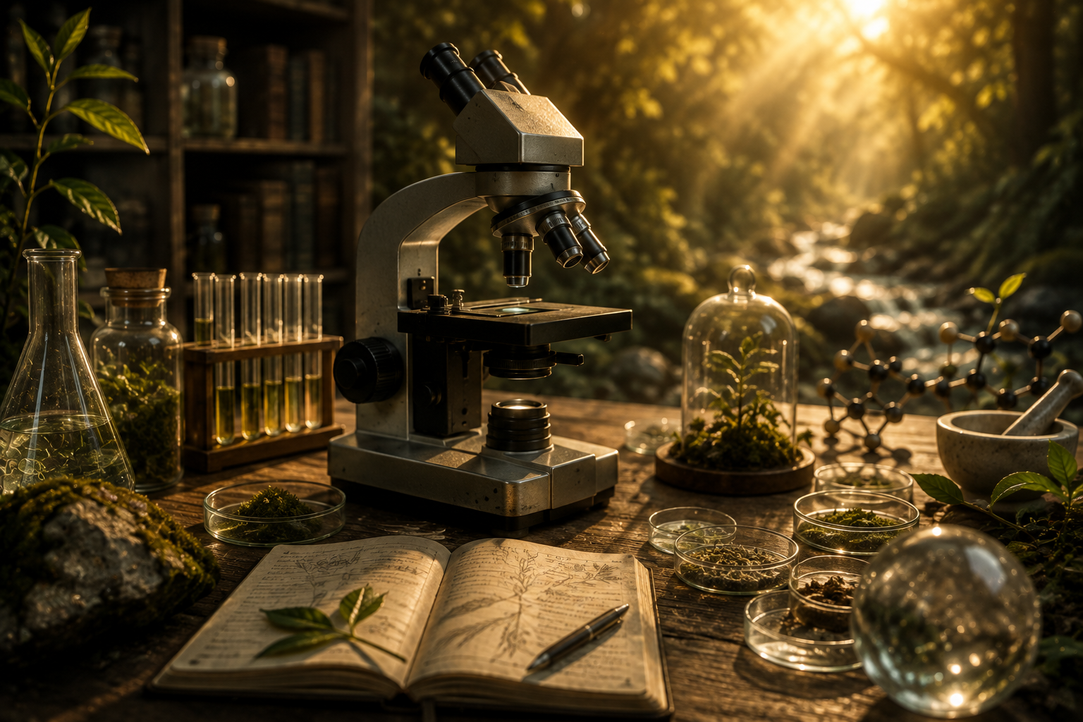 A microscope and laboratory tools arranged beside plants and a forest stream