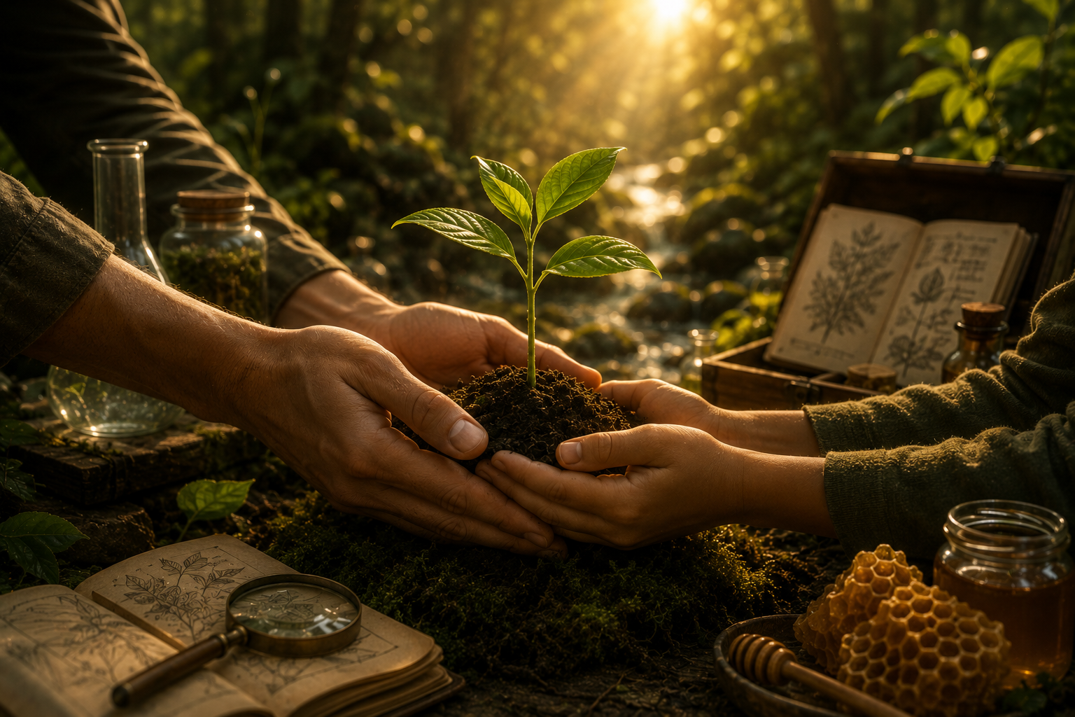 Two pairs of hands sharing and supporting a young plant in a living forest setting