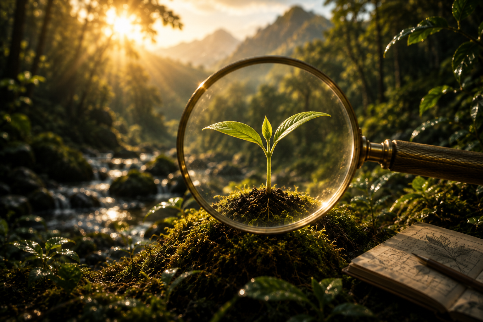A young plant examined closely through a magnifying glass in a forest research setting