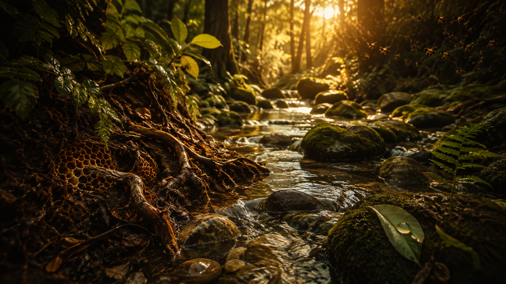 A natural forest stream flowing through roots, stones, moss and living vegetation
