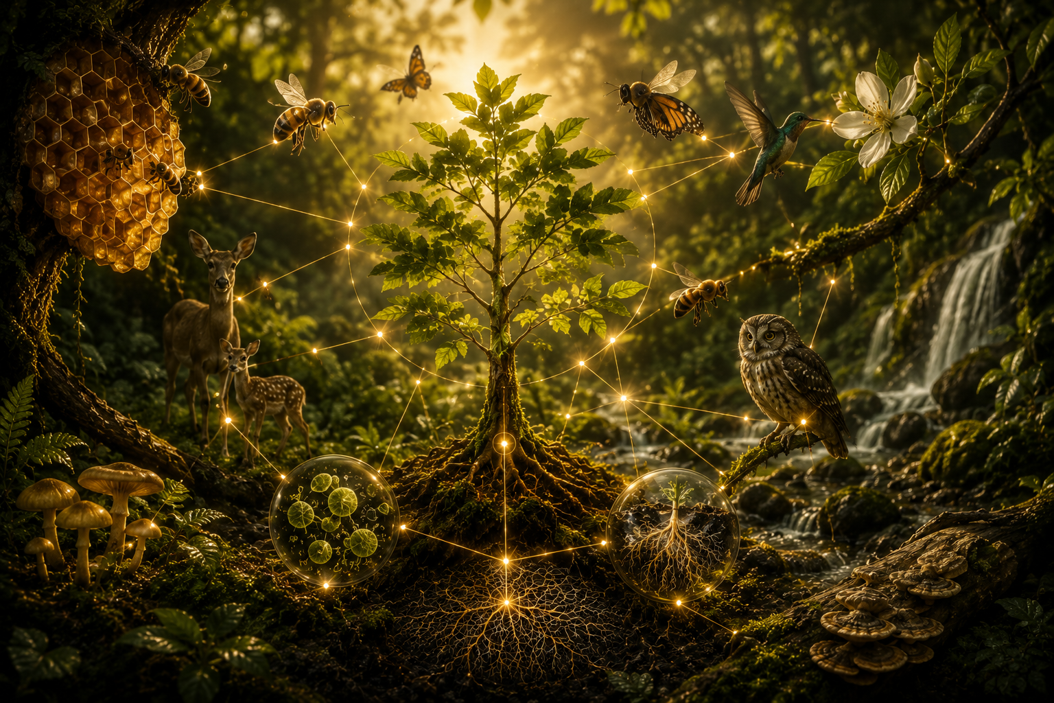 A forest ecosystem showing plants, animals, water, fungi and microorganisms as an interconnected living network