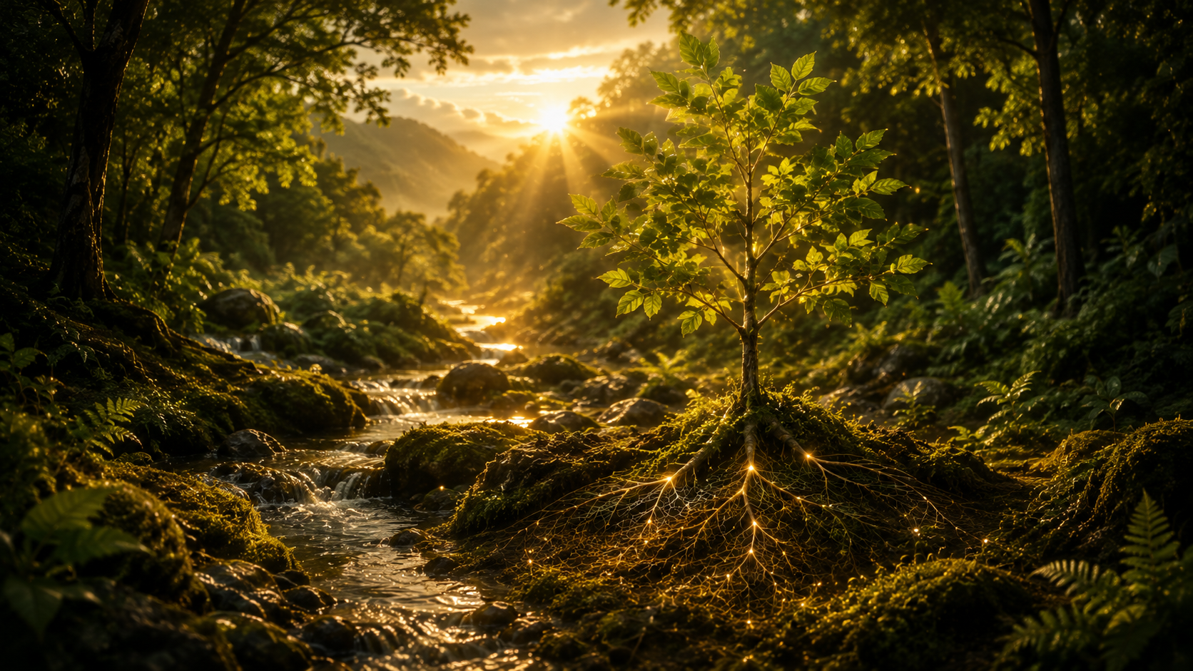 A young tree rooted beside a flowing forest stream in warm natural light