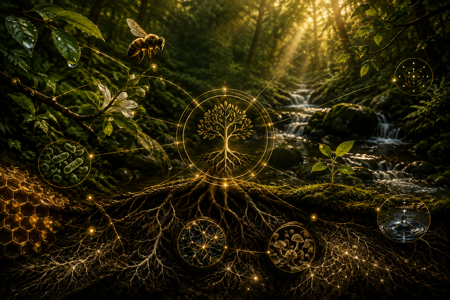 A living forest ecosystem connected through roots, microorganisms, water, plants and a bee