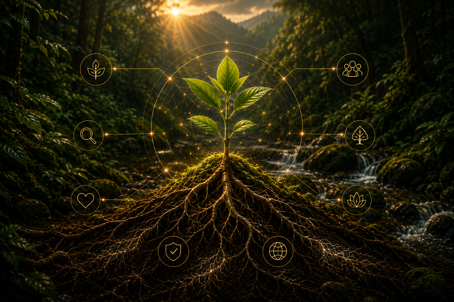 A young plant and its roots connected by a golden network of guiding symbols