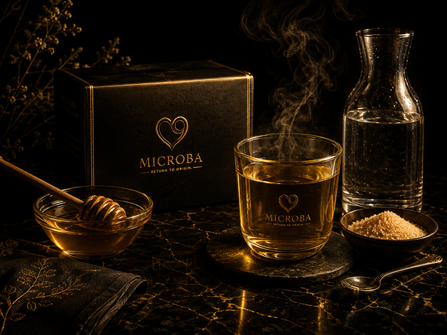 Honey, sugar, water and a prepared MICROBA drink arranged as the preparation reference