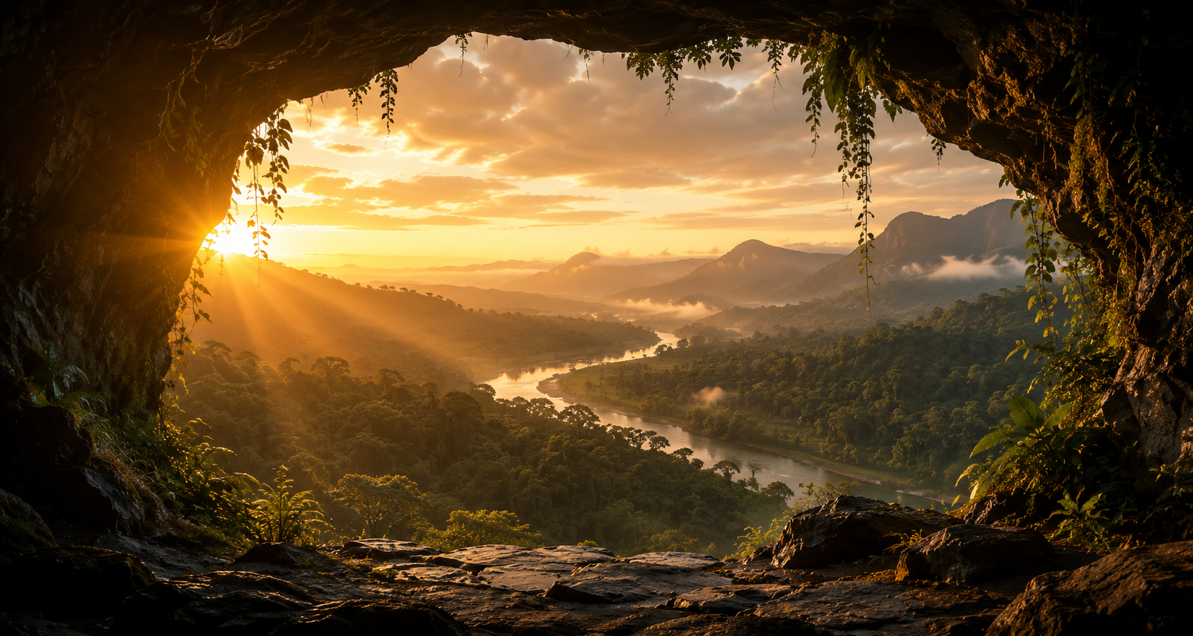 A tropical river valley seen from inside a forest cave