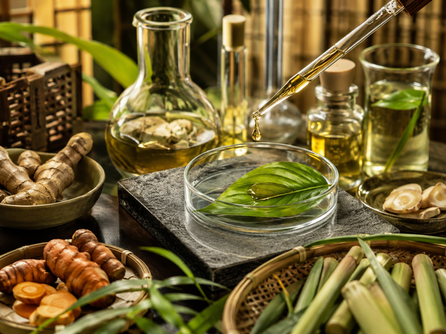 A botanical extract being examined with laboratory glassware alongside Southeast Asian plant materials