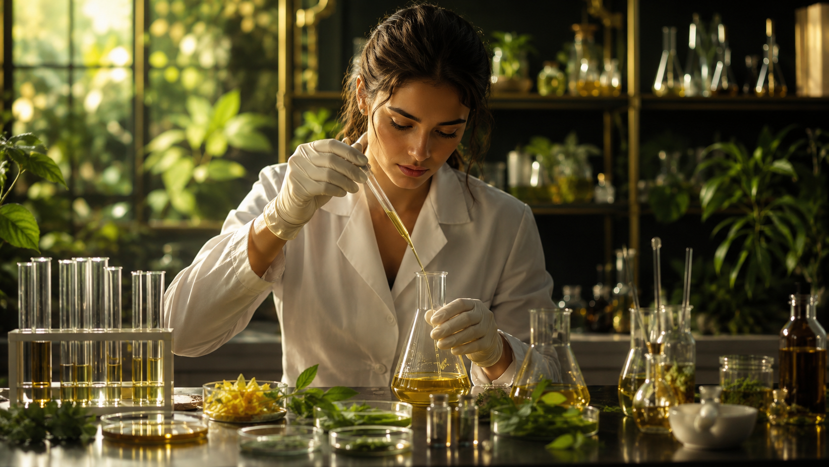 A laboratory researcher preparing a botanical formulation with pipettes and glassware