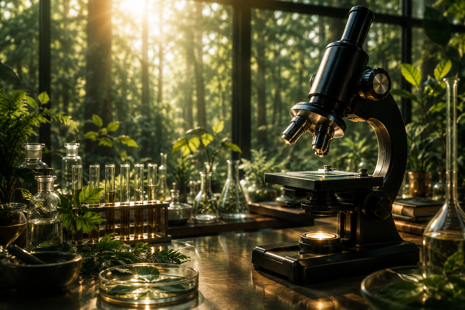 A botanical research laboratory with a microscope overlooking a green forest