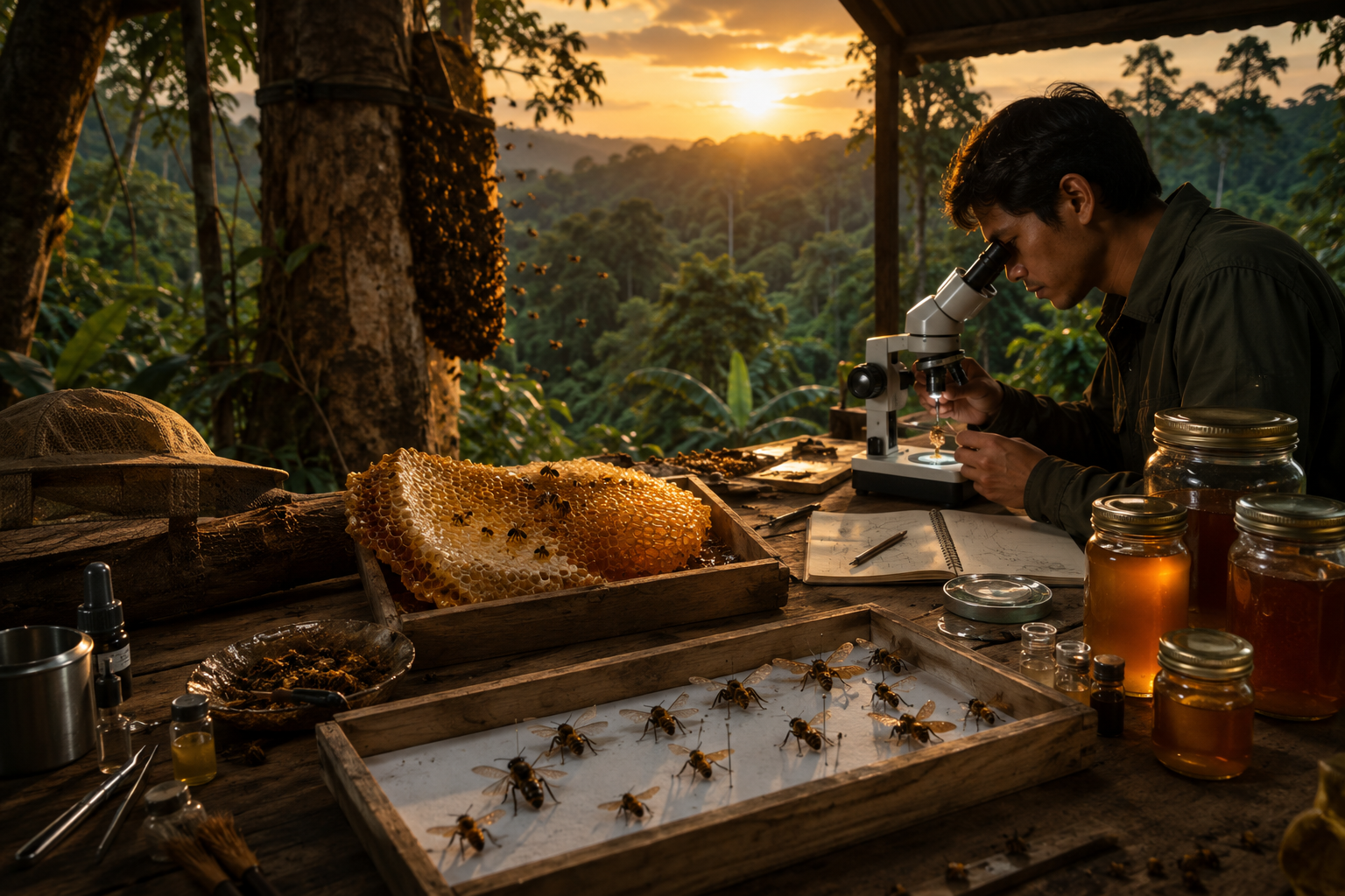 A Southeast Asian researcher investigating wild honey and bees in a forest field station