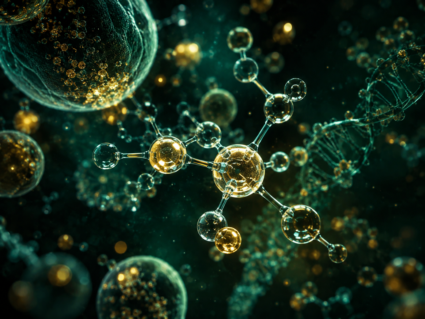 Molecular structures and cellular forms represented in a dark green scientific visualization