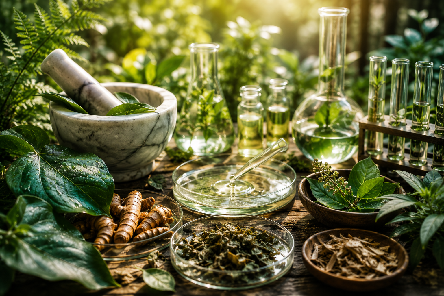 Botanical materials, leaves and laboratory glassware used to study natural compounds