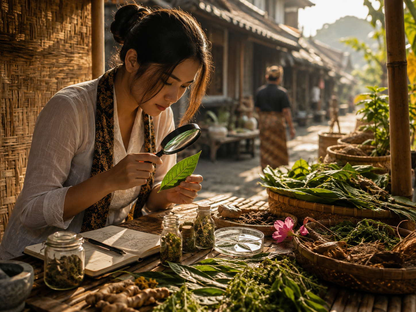 A Southeast Asian researcher closely observing a leaf in a traditional village environment