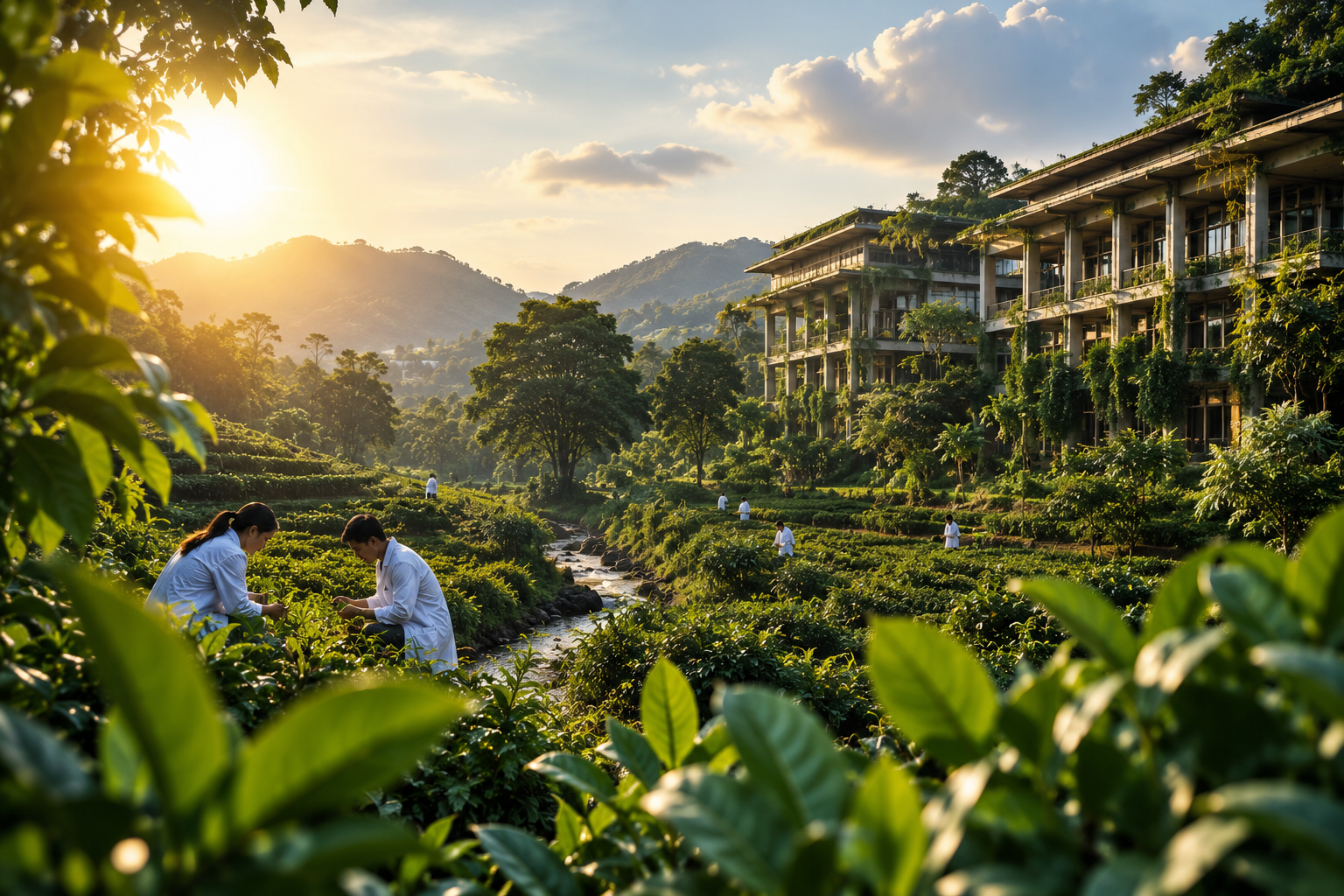 Researchers working among green agricultural plots beside a nature-integrated research building