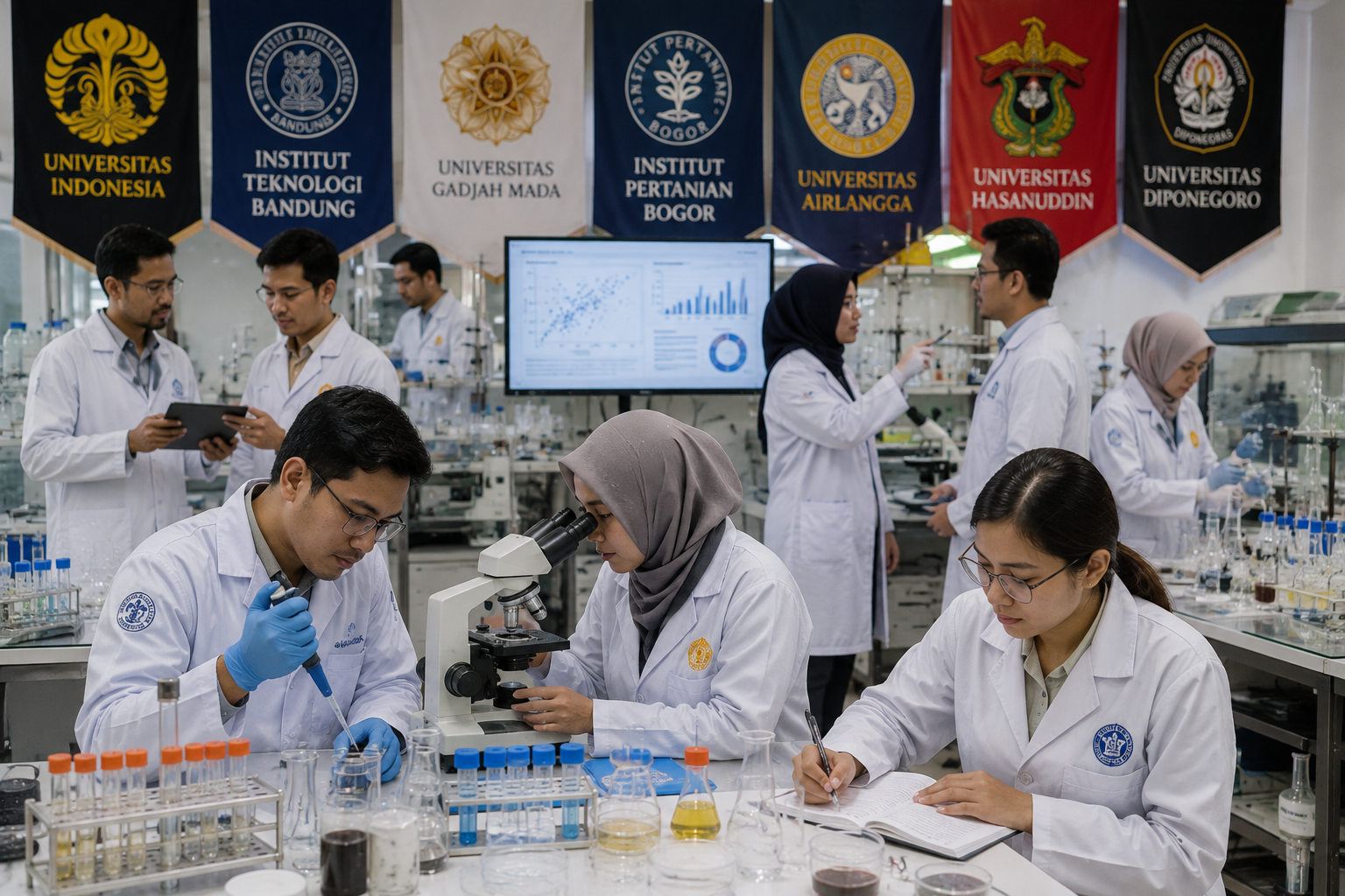 Researchers collaborating in a modern Indonesian laboratory environment