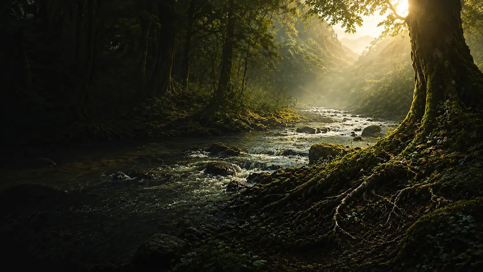 A living forest river at sunrise