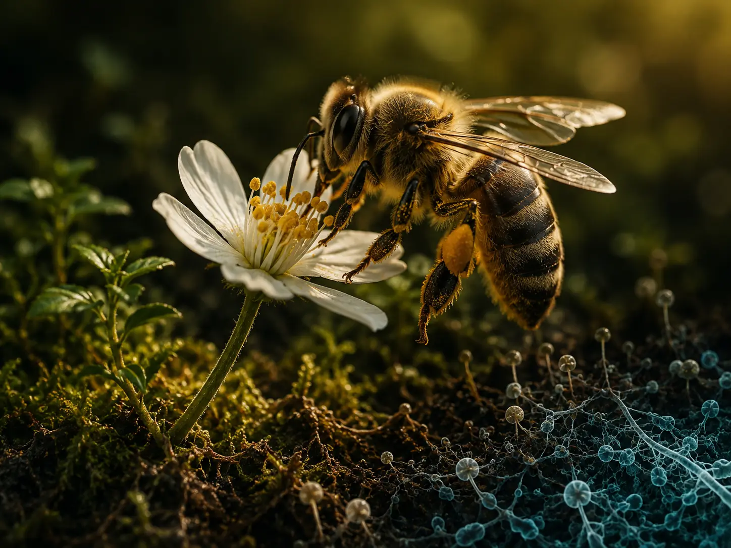 A bee and flower illustrating host and microbial relationships