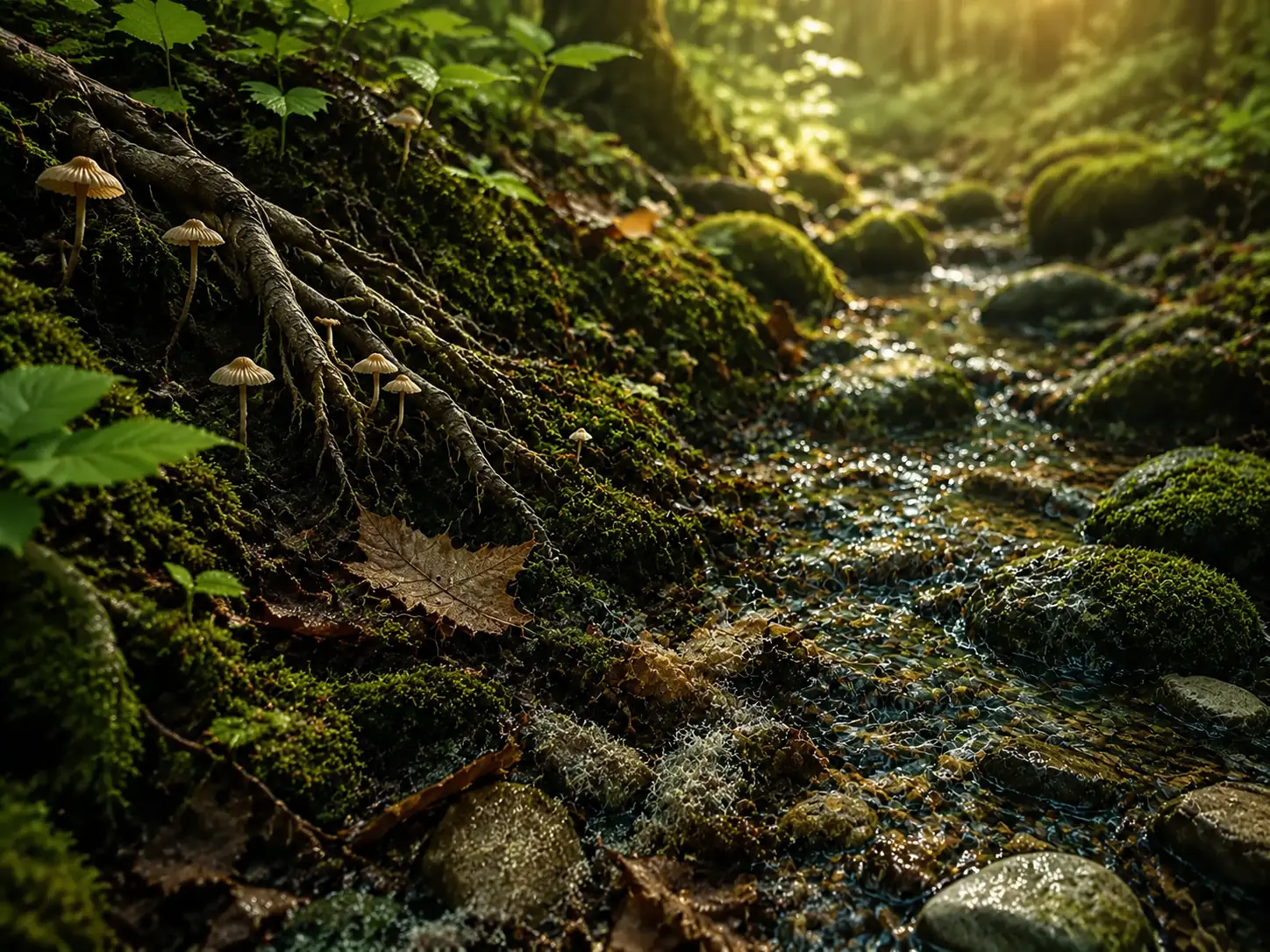 Microbial ecology visualized across moss, water and forest matter