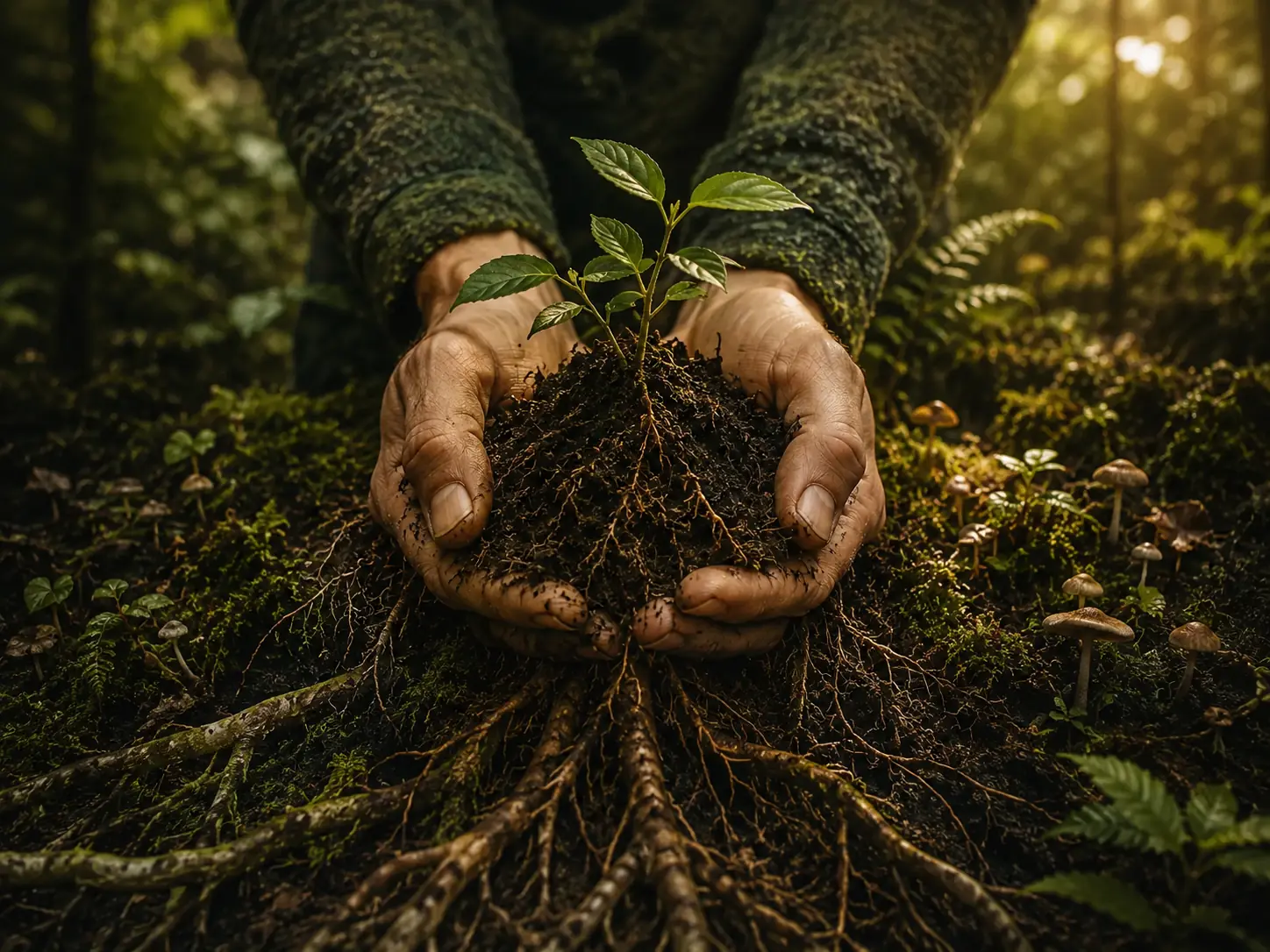 Hands holding a seedling within a connected living system