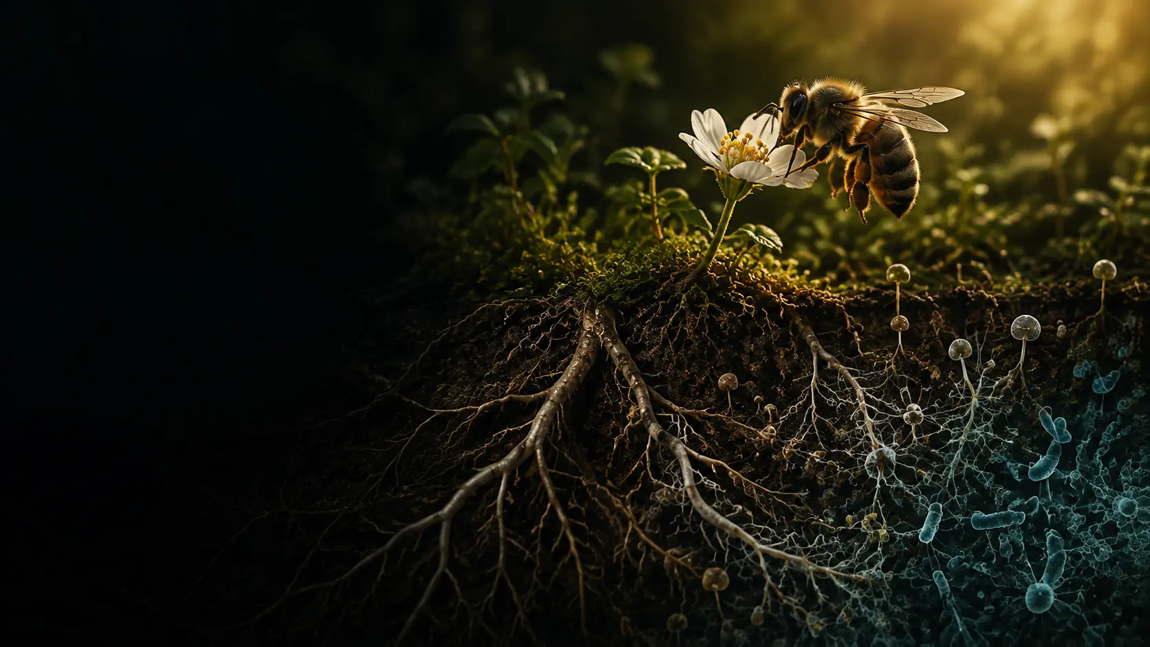 A scientist examining a living forest ecosystem through a microscope