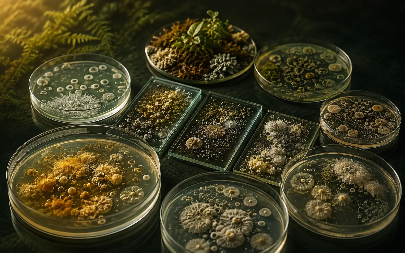 Petri dishes and sample plates arranged for scientific comparison