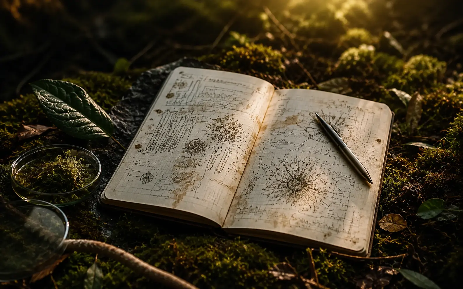 A scientific field notebook beside a specimen