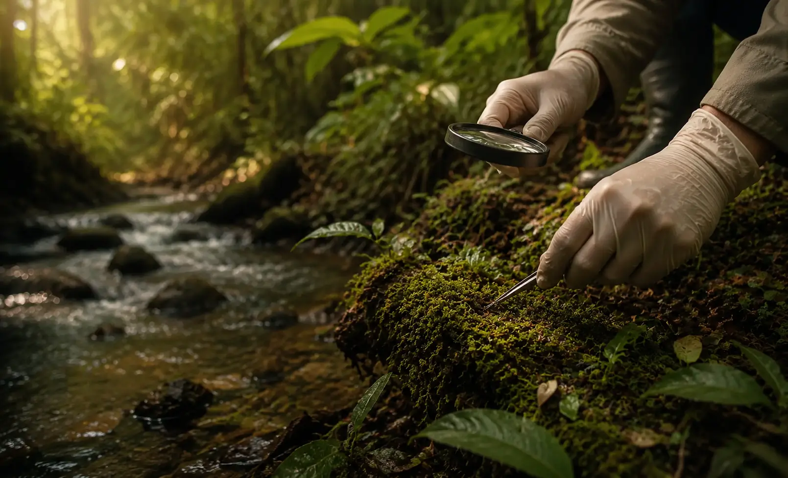 A researcher observing moss beside a forest stream
