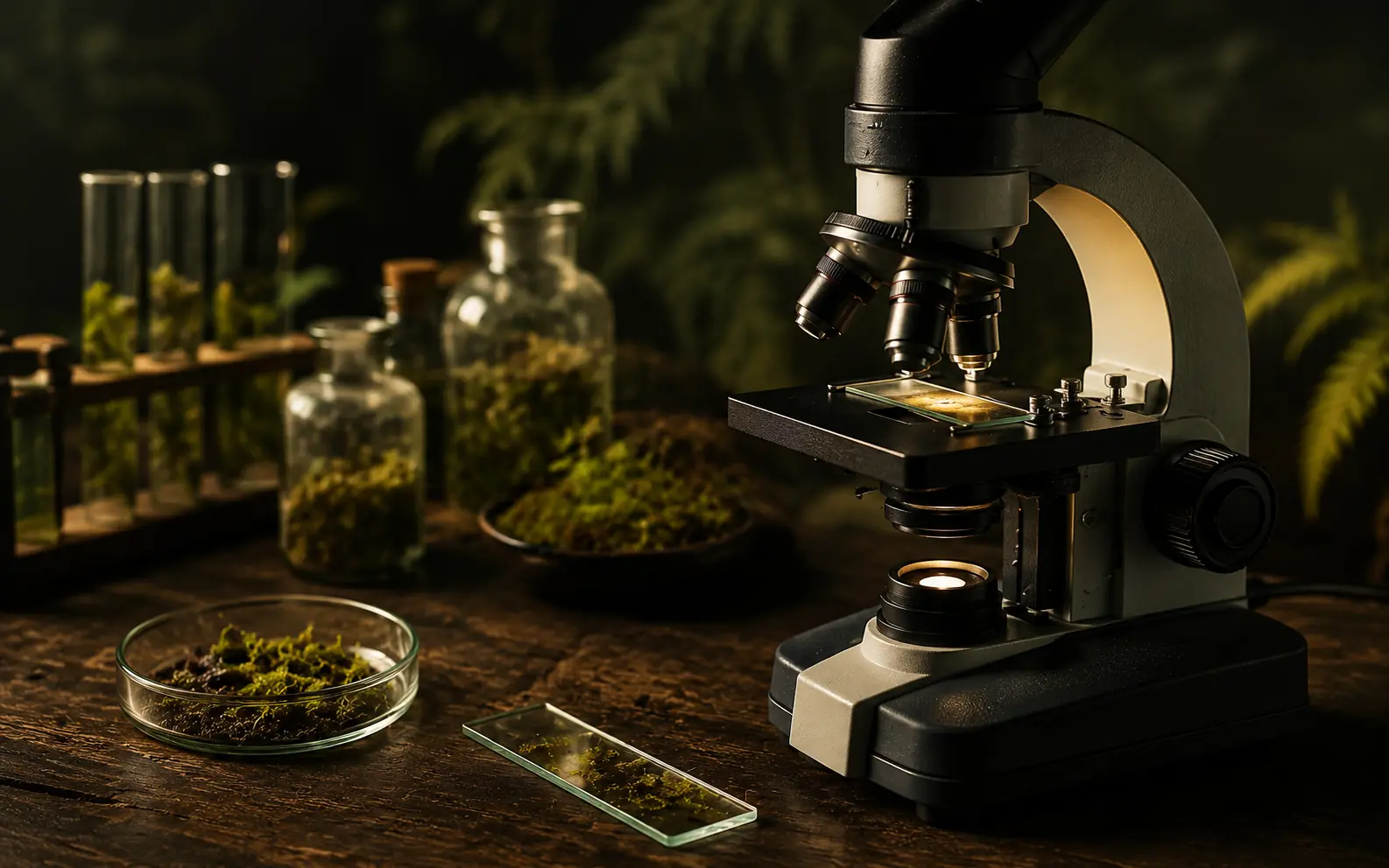 A laboratory microscope beside forest-derived samples