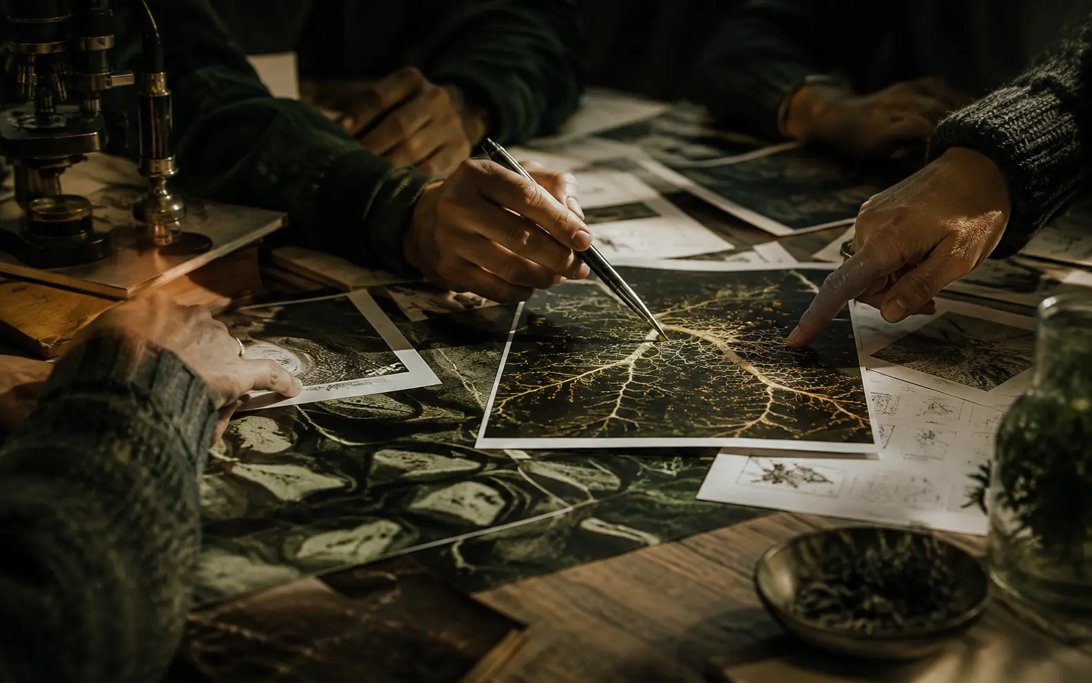 Researchers reviewing microscopy images and field evidence