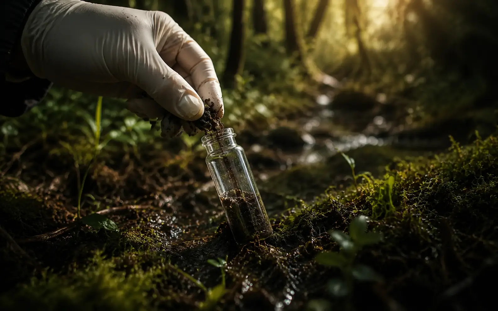 A gloved hand collecting a forest soil sample