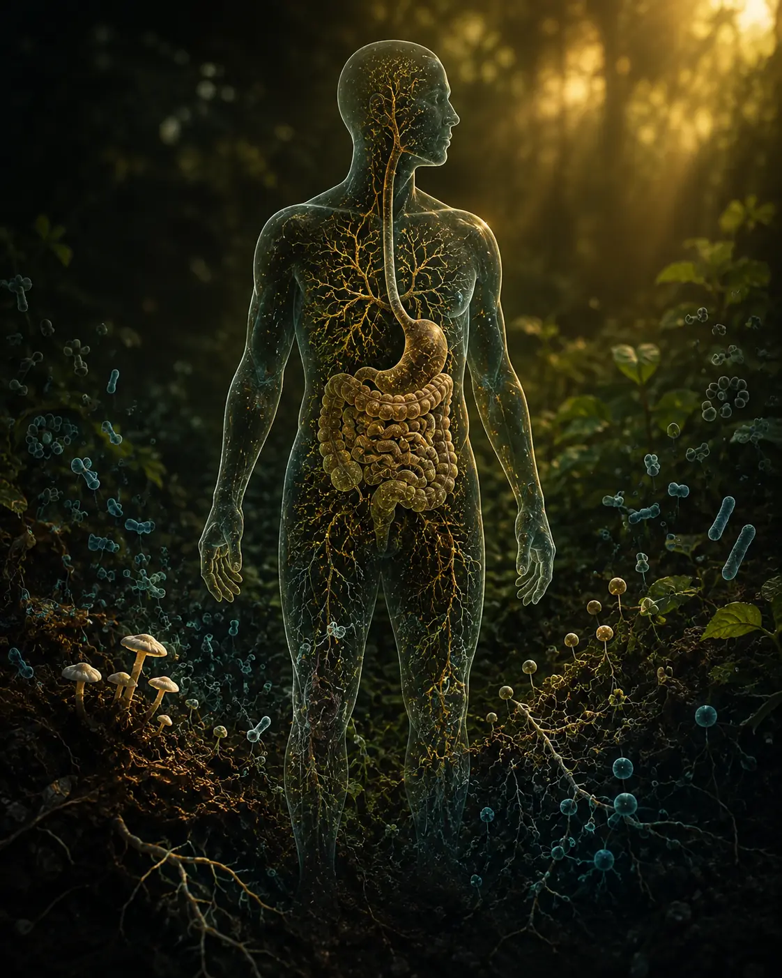 A human silhouette connected with a conceptual microbial ecosystem