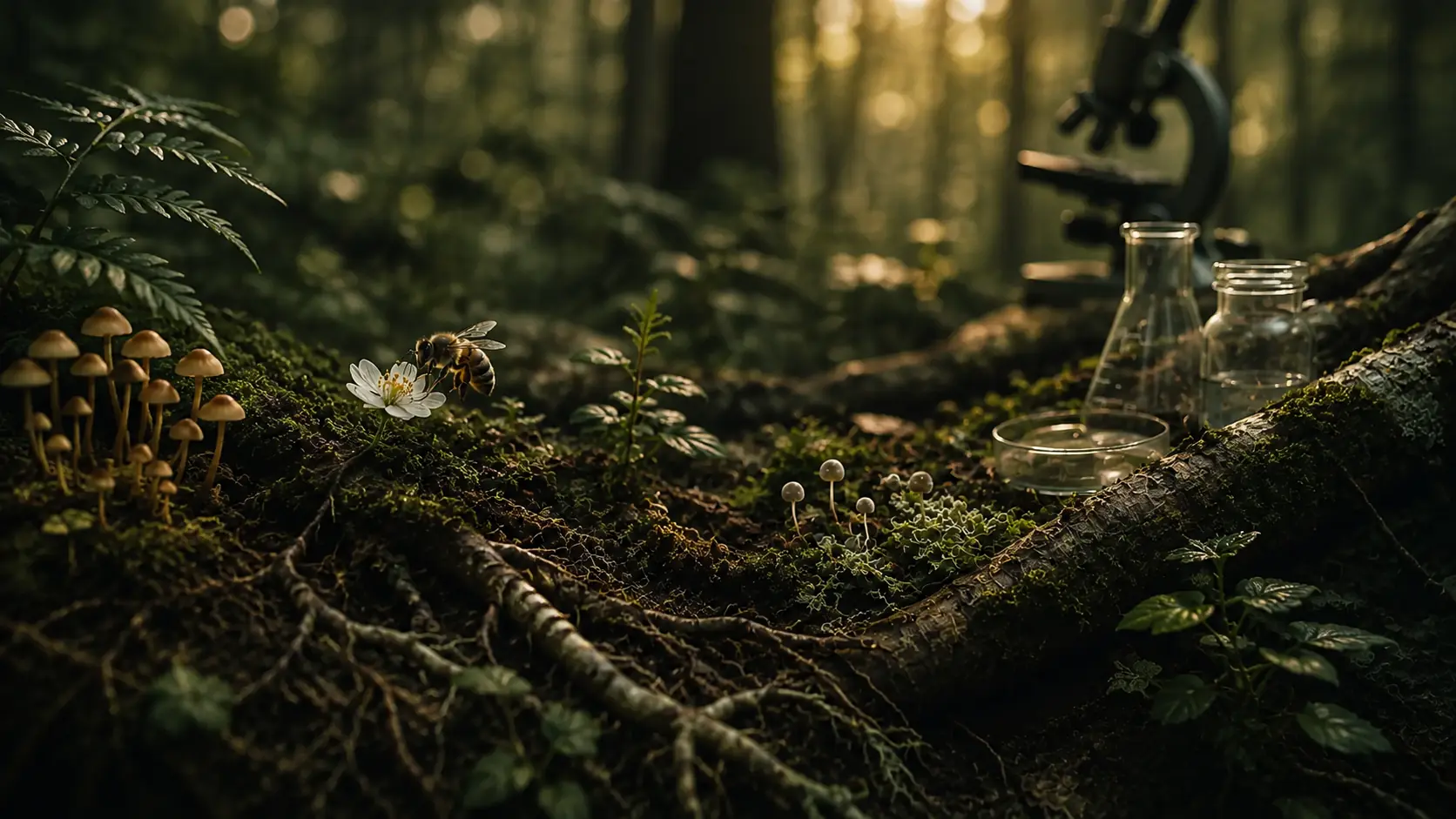 Forest roots, fungi, bee and laboratory instruments connecting nature with scientific evidence